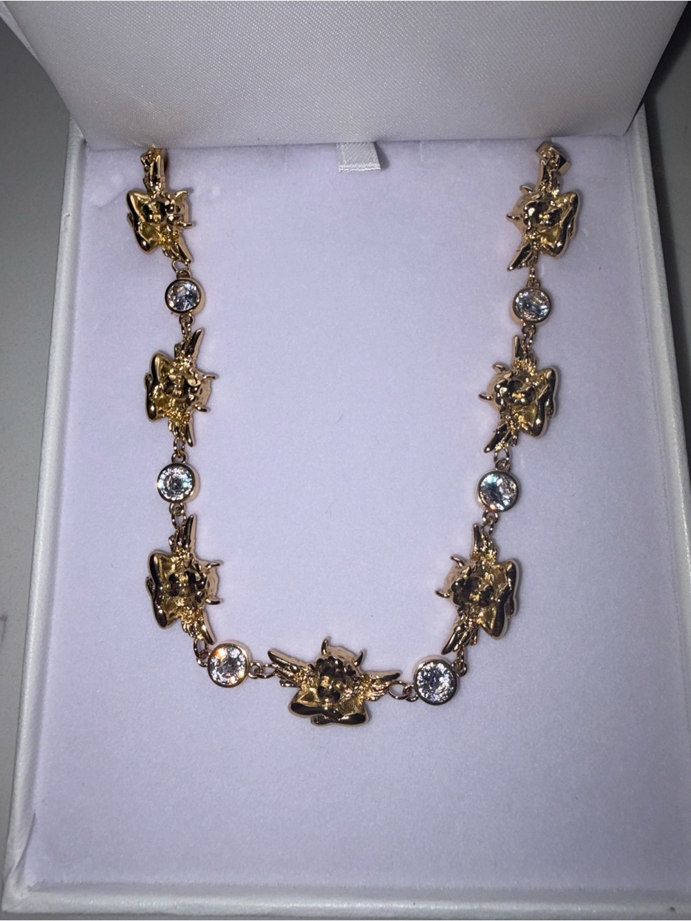 Boys Lie Gold angel Link Necklace with Clear Crystals
